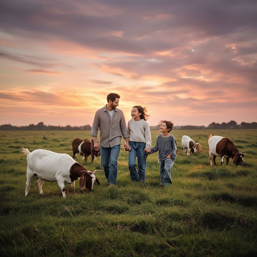 Family walking pasture with goats nearby